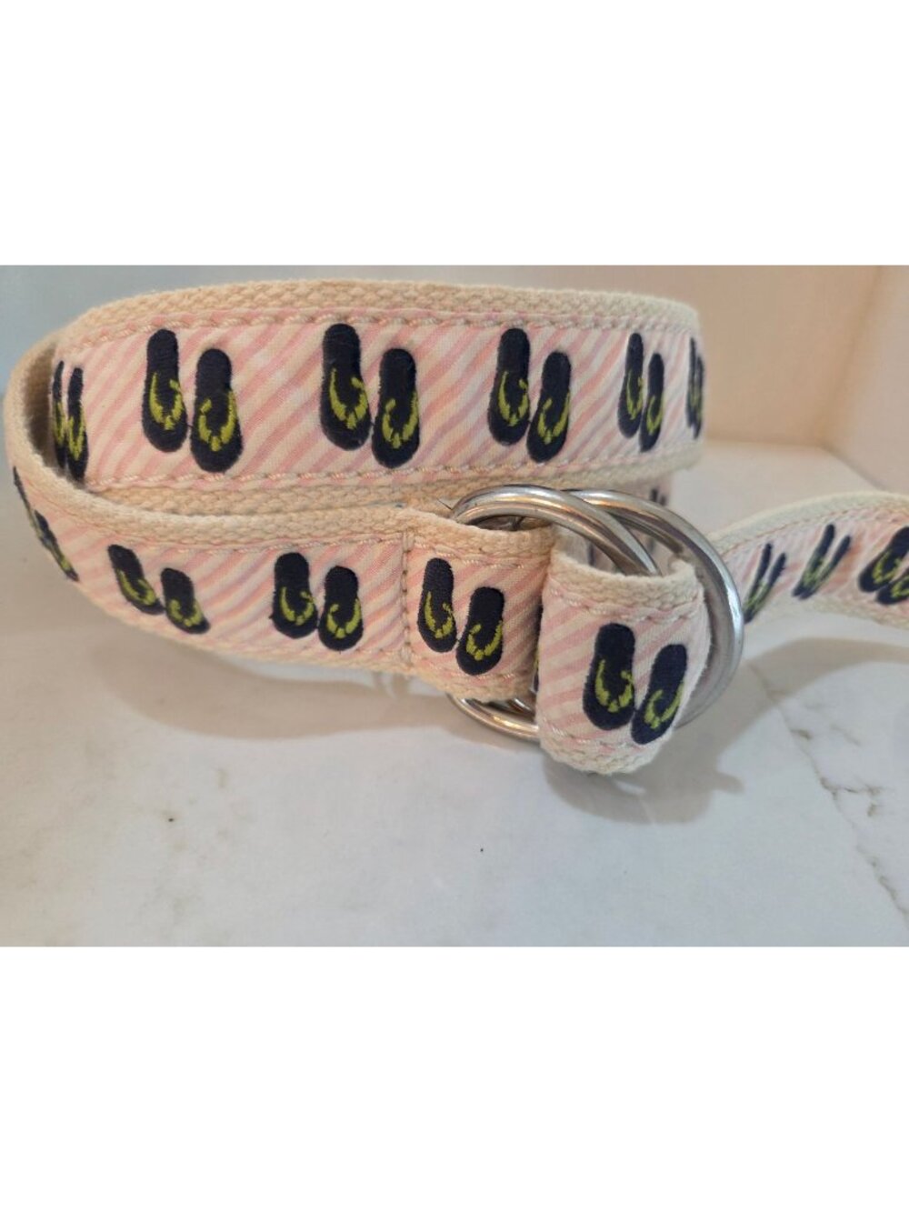 J. Crew Embroidered Flip Flop D-Ring Canvas Belt Sz‎ M/L Pink White Striped